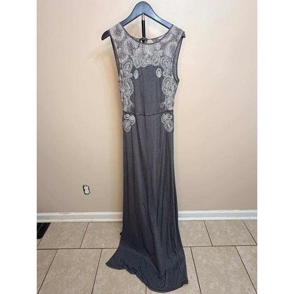 Calypso St. Barth Gray Embroidered Maxi Dress Tassel Tie Boho Small